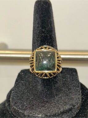 Barse  Deep Green Onyx Bronze Ring with Square Gem